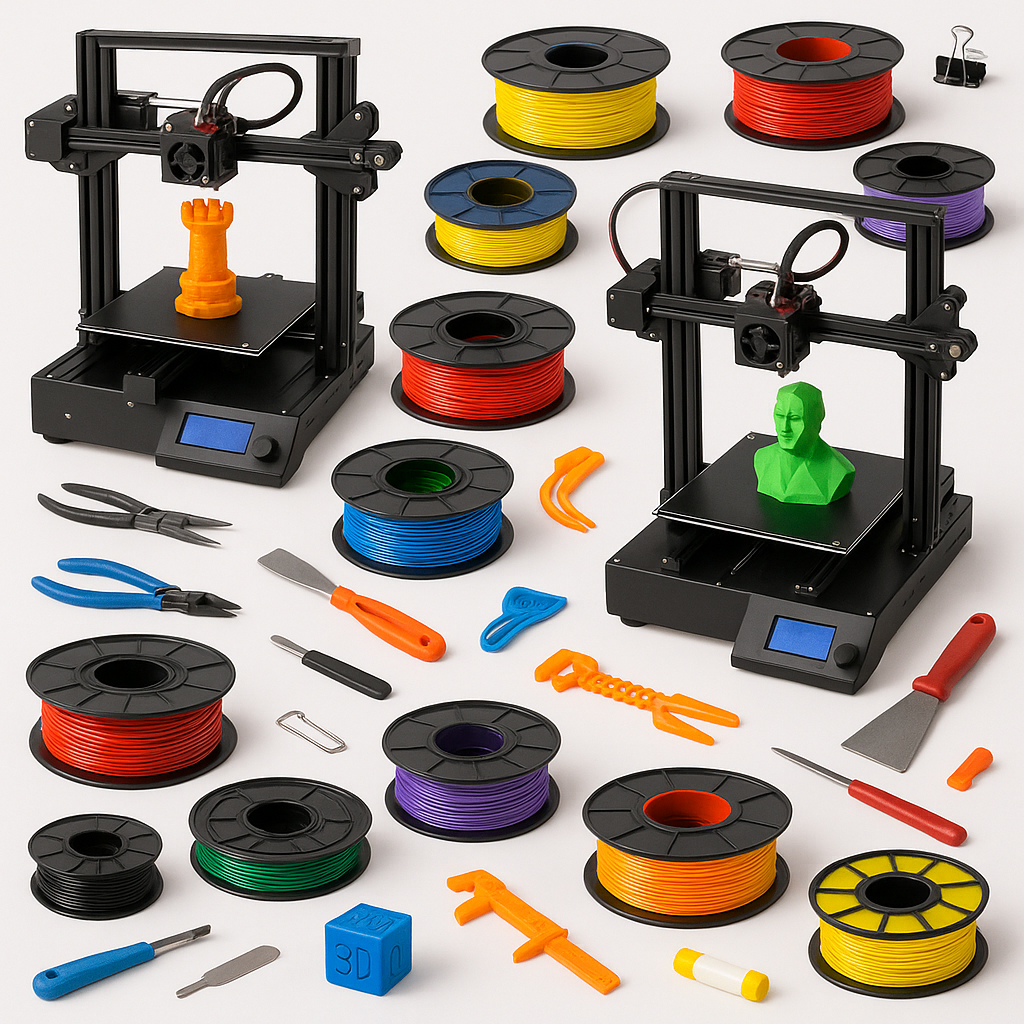 Collage of 3D printers, filaments, and 3D printing accessories