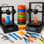 Collage of 3D printers, filament spools, and 3D printing tools