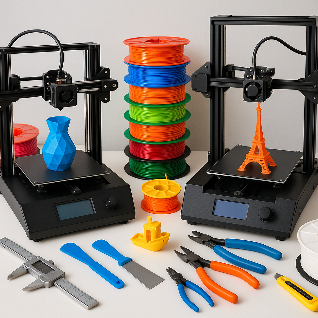 Collage of 3D printers, filament spools, and 3D printing tools