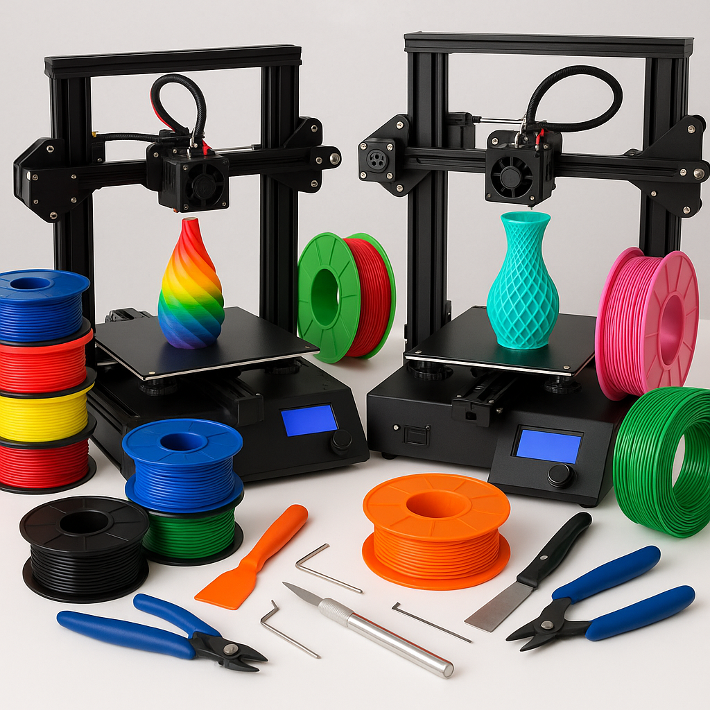 Collage of 3D printers, filaments, and 3D printing tools