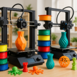 Collage of 3D printers, filaments, and 3D printed models