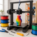 3D printer with colorful filament spools and 3D printing tools in workshop