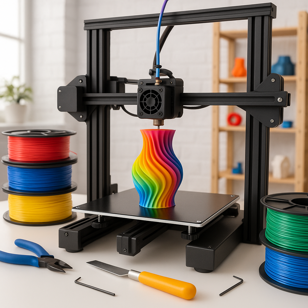 3D printer with colorful filament spools and 3D printing tools in workshop