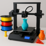 3D printer printing colorful object with filament spools and printed models