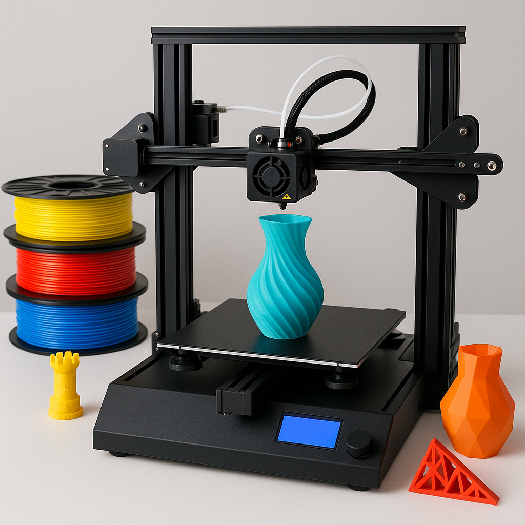 3D printer printing colorful object with filament spools and printed models