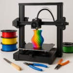 3D printer printing colorful object with filament spools and tools