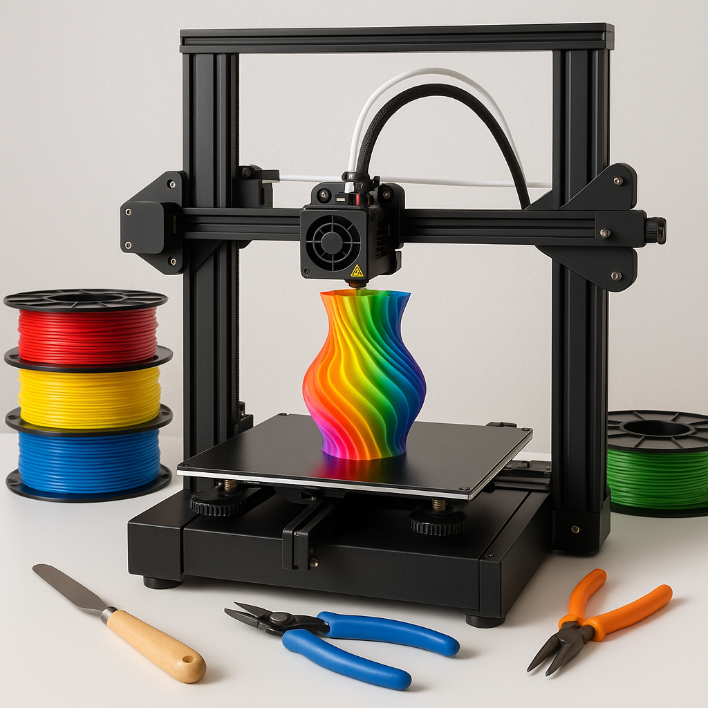 3D printer printing colorful object with filament spools and tools
