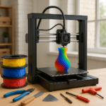 3D printer with filament spools and tools on a workbench
