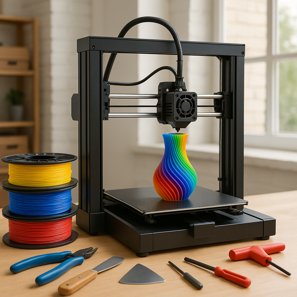 3D printer with filament spools and tools on a workbench