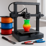 3D printer with filament spools and tools on desk