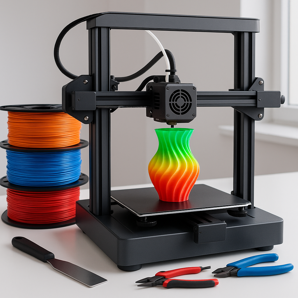 3D printer with filament spools and tools on desk