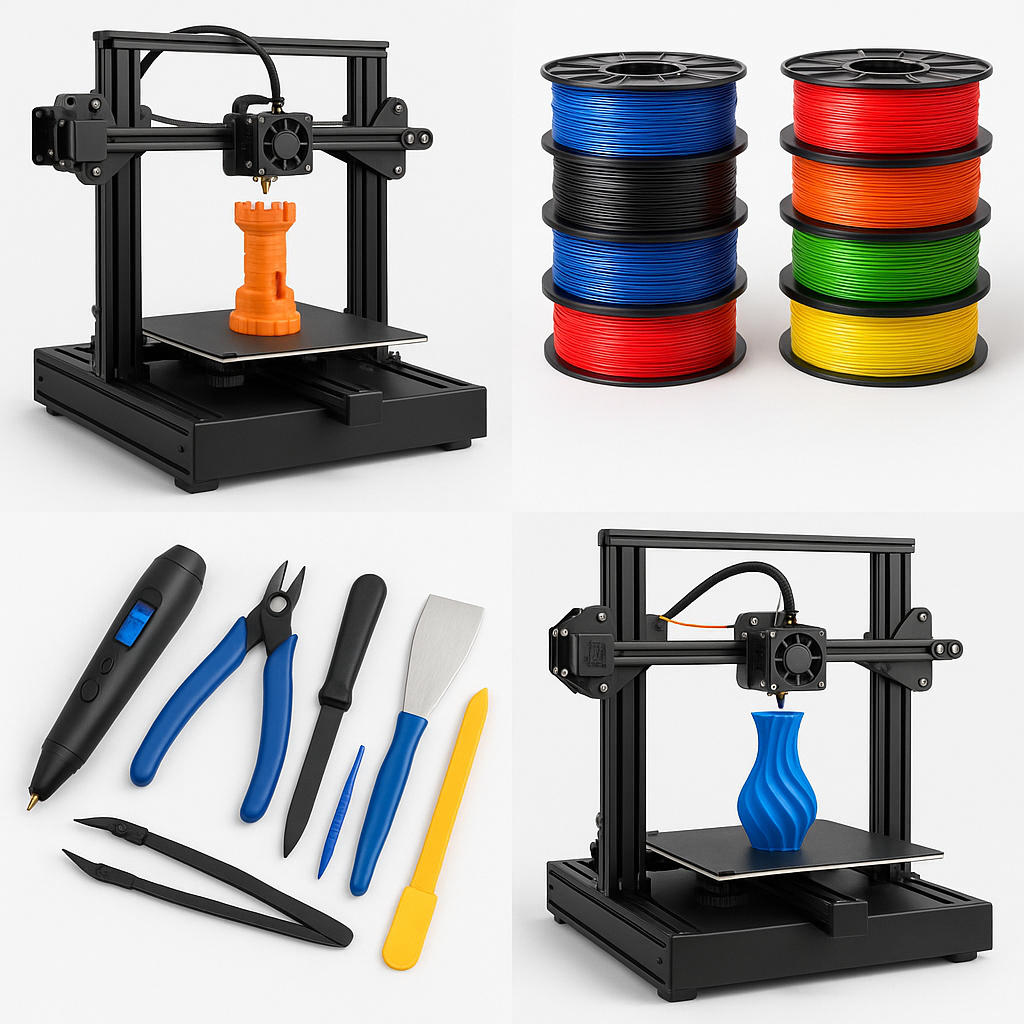 Collage of 3D printers, filament spools, and 3D printing tools