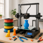 3D printer with filament spools and printed models on a desk with tools