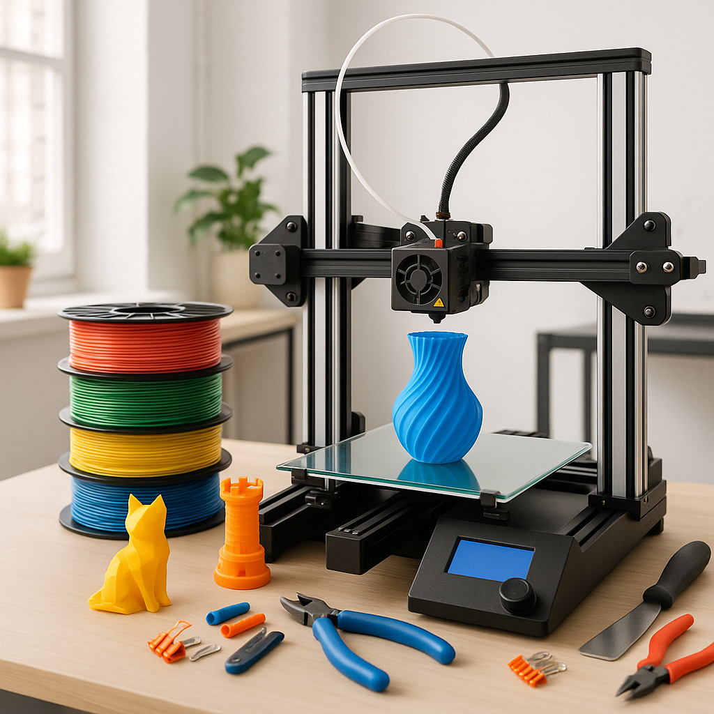 3D printer with filament spools and printed models on a desk with tools
