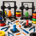 Collage of 3D printers, filament spools, and 3D printing tools