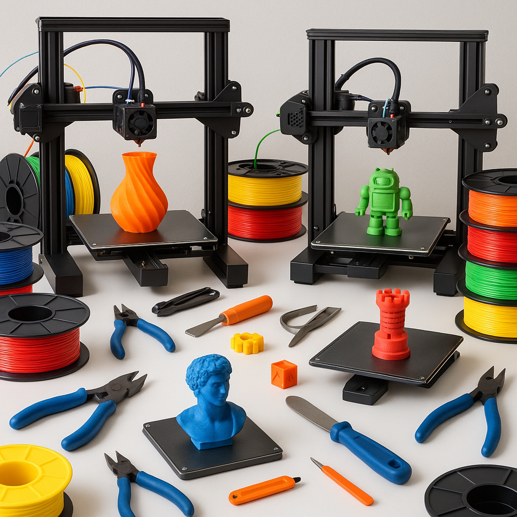 Collage of 3D printers, filament spools, and 3D printing tools