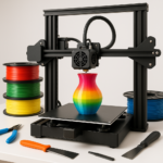 3D printer printing colorful object with filament spools and tools
