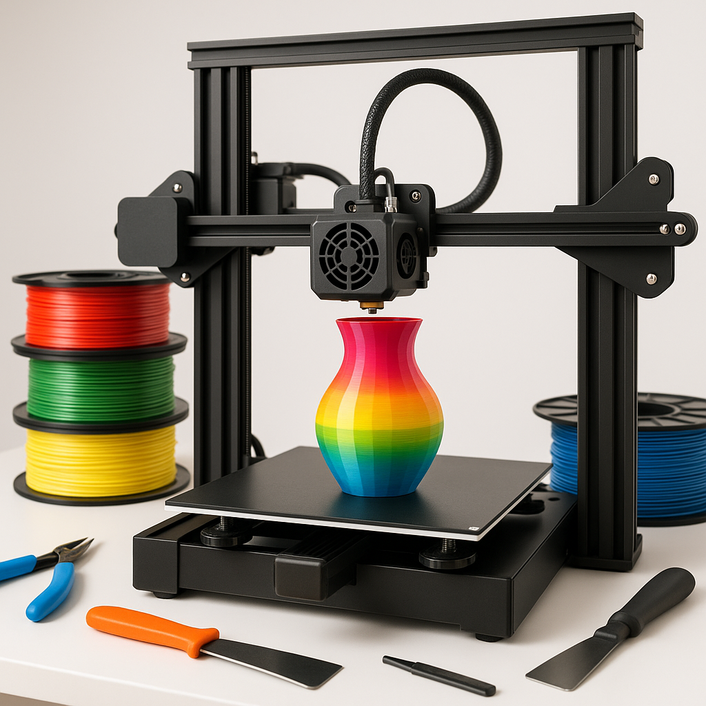 3D printer printing colorful object with filament spools and tools