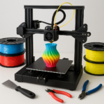 3D printer with colorful filament spools and 3D printing tools on a workspace