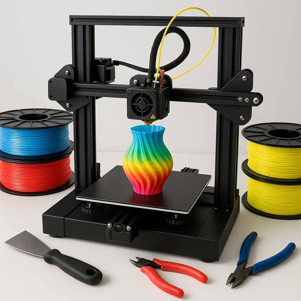 3D printer with colorful filament spools and 3D printing tools on a workspace