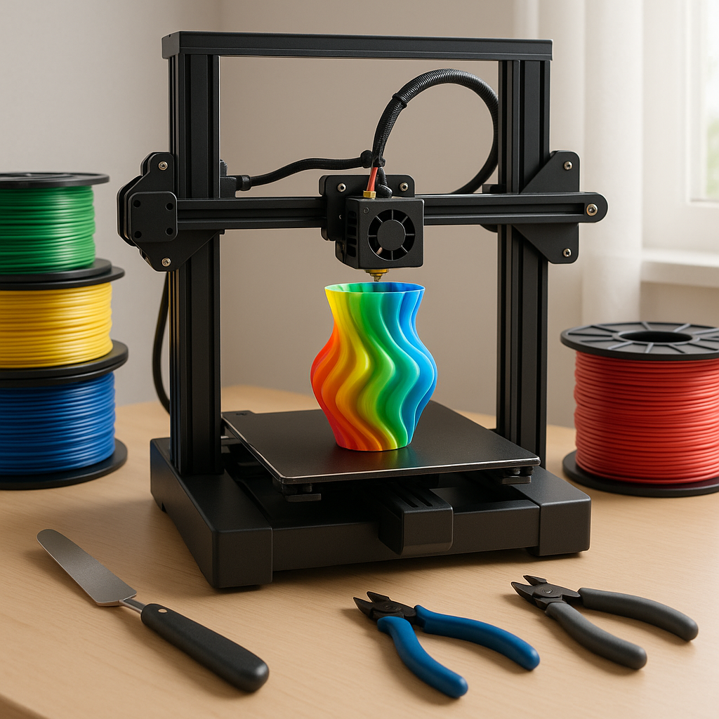 3D printer with filament spools and tools on desk