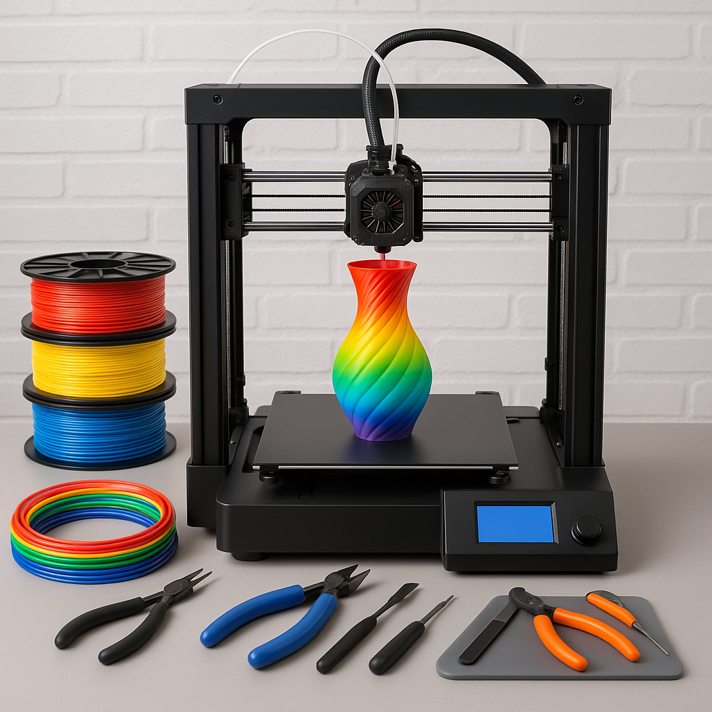 3D printer with colorful filament spools and 3D printing tools on workbench