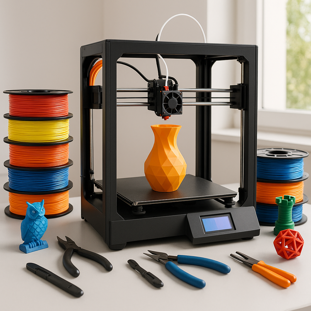 3D printer with filament spools and tools on desk