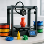 3D printer with filament spools and printed parts on workbench