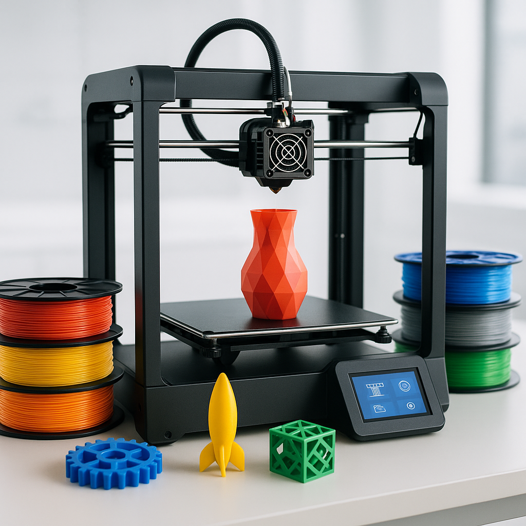 3D printer with filament spools and printed parts on workbench