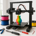 3D printer with filament and tools on workspace