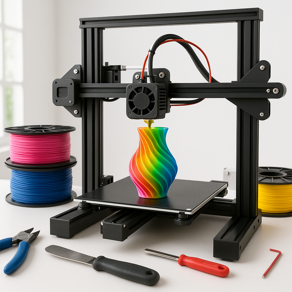 3D printer with filament and tools on workspace