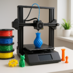 3D printer with filament spools and printed objects