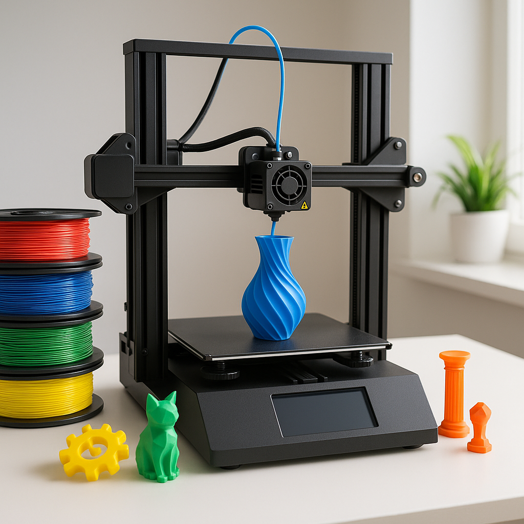 3D printer with filament spools and printed objects