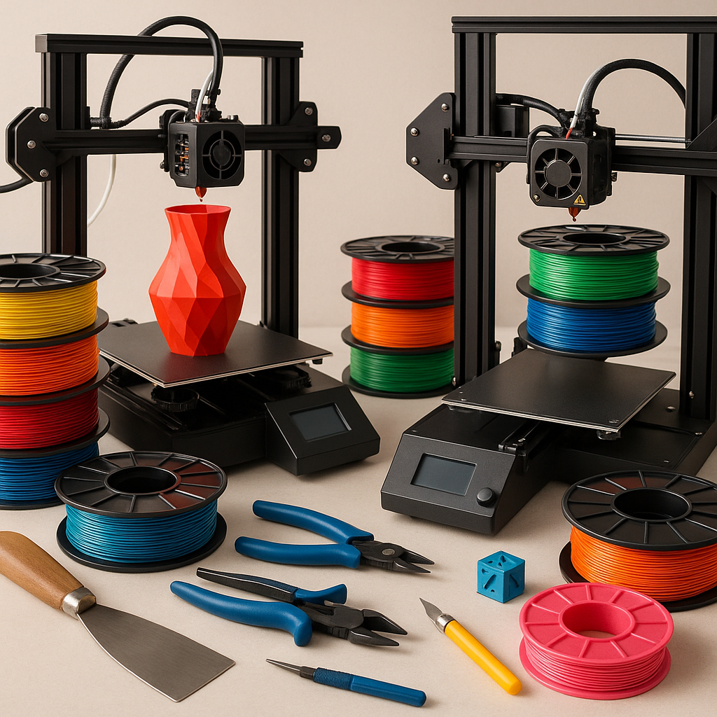 Collage of 3D printers, filament spools, and 3D printing tools