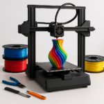 3D printer printing with colorful filament spools and tools