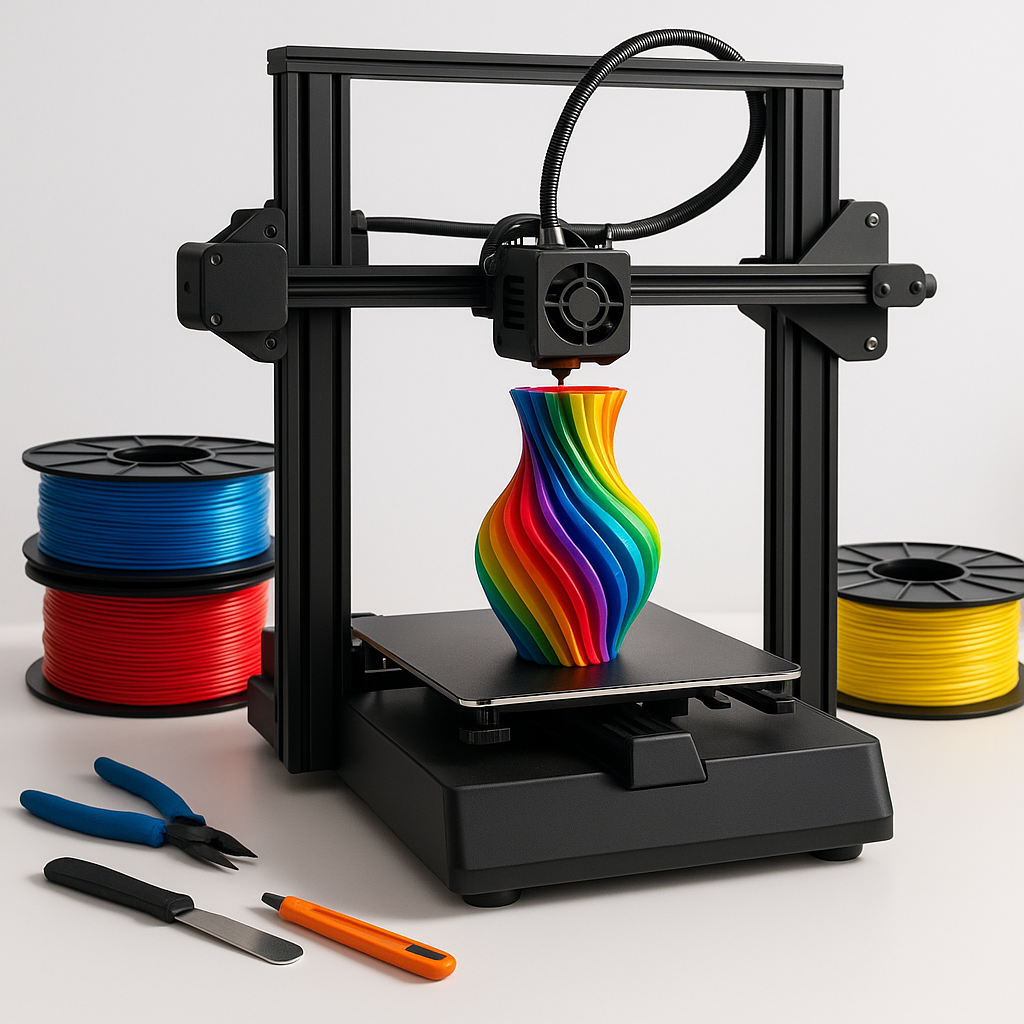 3D printer printing with colorful filament spools and tools