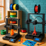 3D printing workspace with printers, filament spools, and tools