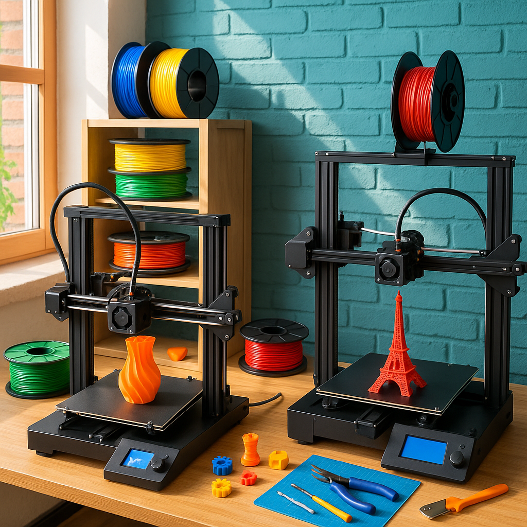 3D printing workspace with printers, filament spools, and tools