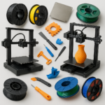 Collage of 3D printers, filaments, and 3D printing accessories