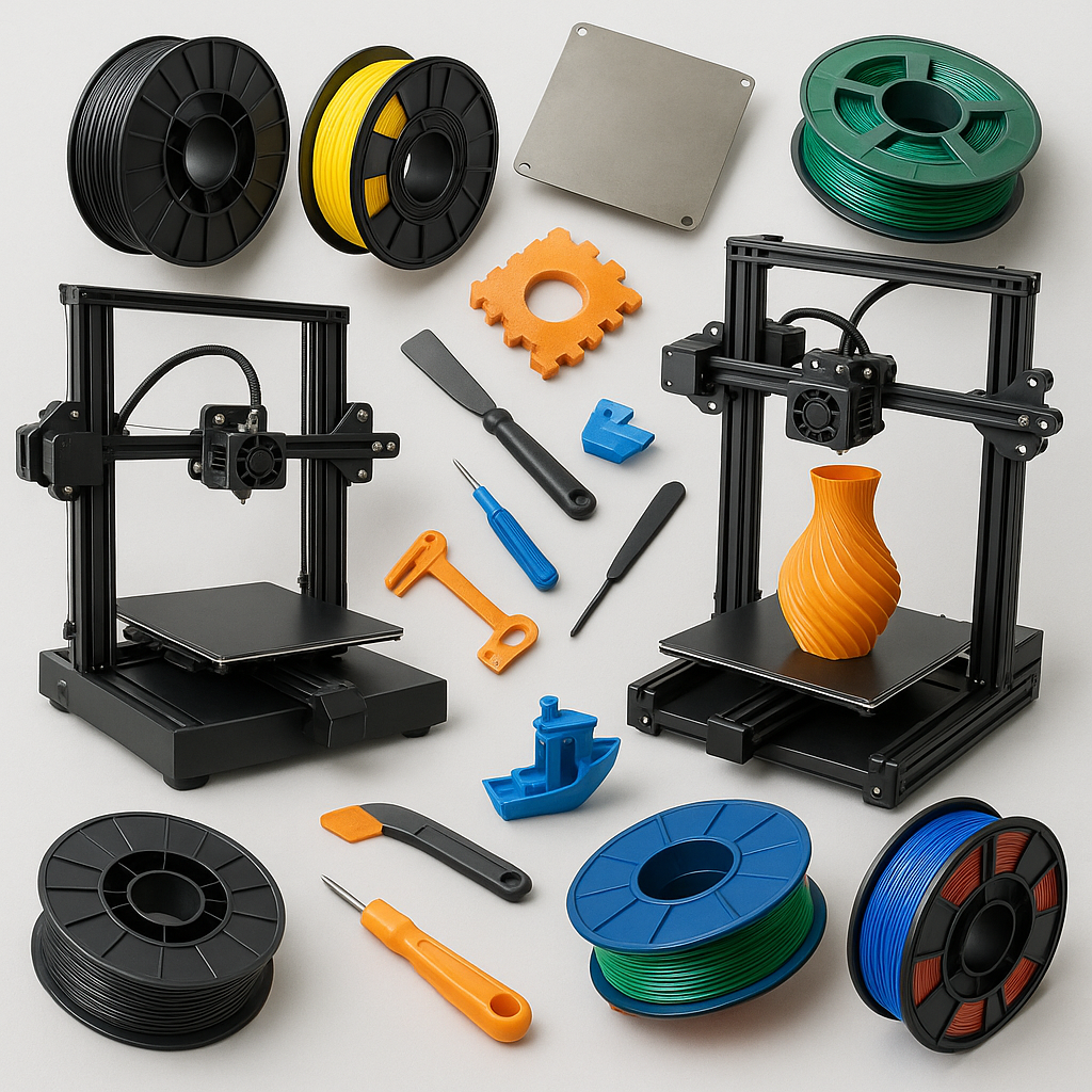 Collage of 3D printers, filaments, and 3D printing accessories