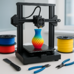 3D printer with filament spools and tools on desk