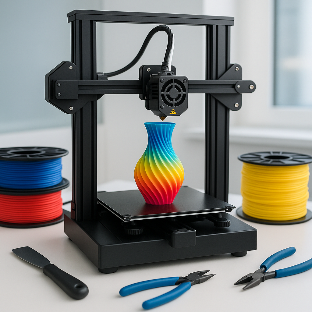 3D printer with filament spools and tools on desk