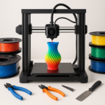 3D printer with colorful filament spools and accessories on a desk