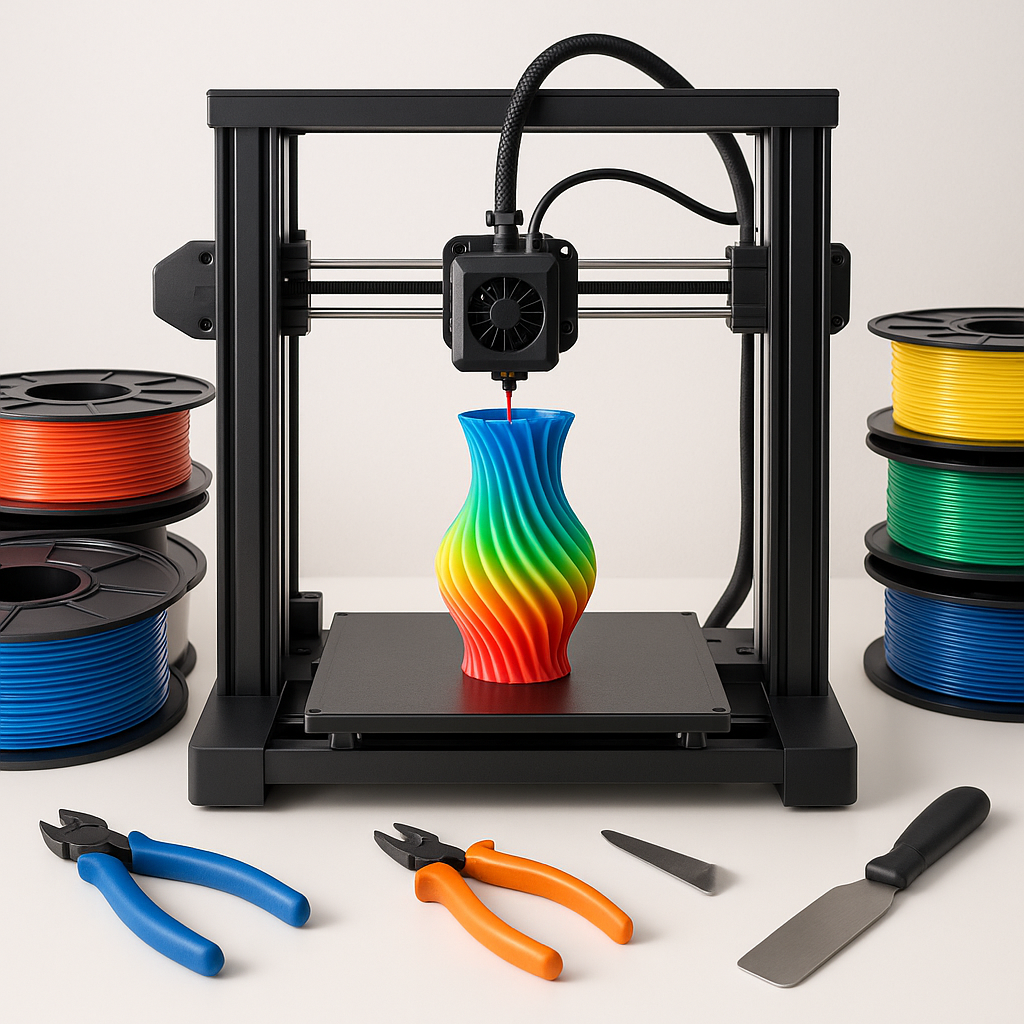 3D printer with colorful filament spools and accessories on a desk