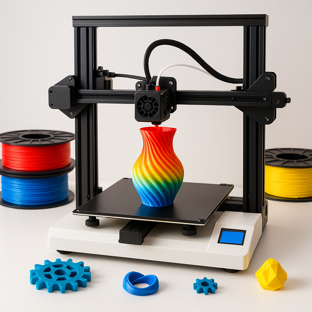 3D printer with colorful filament spools and printed parts on desk