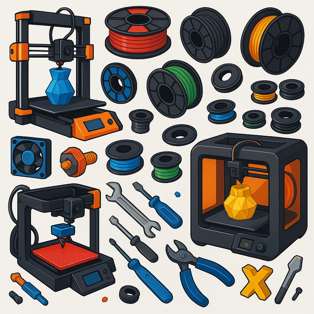 Collage of 3D printers, filaments, and 3D printing tools