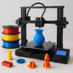 3D printer printing with colorful filaments and printed parts on desk