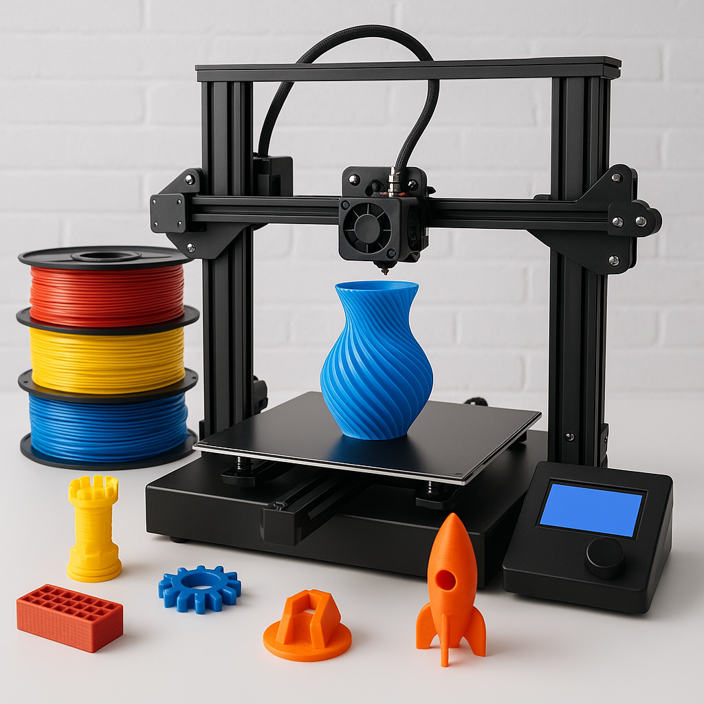3D printer printing with colorful filaments and printed parts on desk