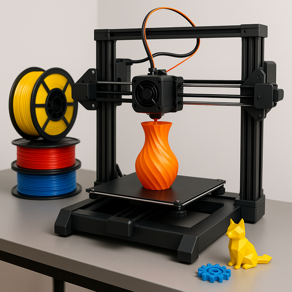 3D printer with filament spools and printed models on desk