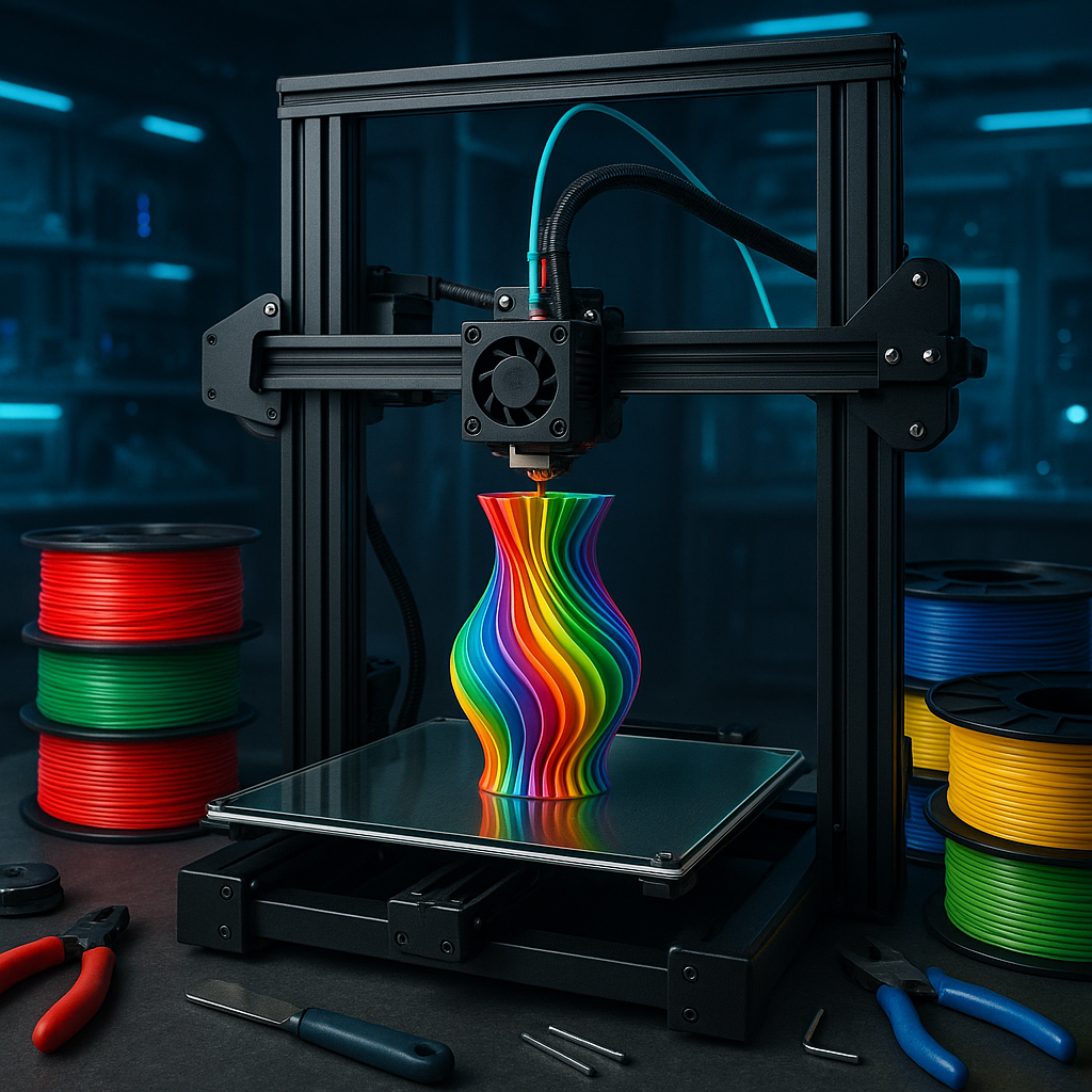 3D printer with colorful filament spools and 3D printing tools